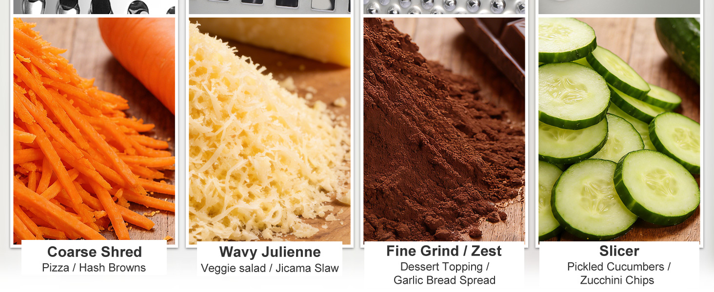 Ourokhome Cheese Grater, Handheld Box Grater with Container & Lid, 4-Sided Stainless Steel for Kitchen, Wavy Julienne, Slicer, Coarse Shred & Fine Zester, Non-Slip Base, Dishwasher Safe, 8 Inch