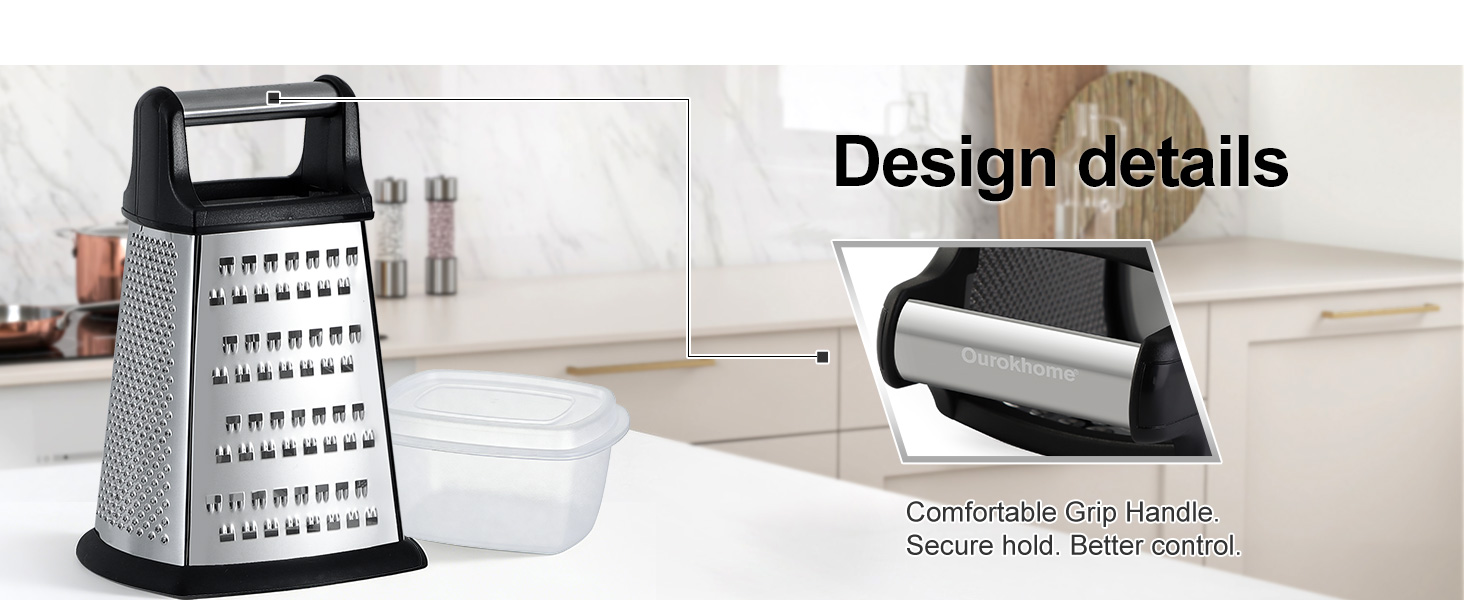 Ourokhome Cheese Grater, Handheld Box Grater with Container & Lid, 4-Sided Stainless Steel for Kitchen, Wavy Julienne, Slicer, Coarse Shred & Fine Zester, Non-Slip Base, Dishwasher Safe, 8 Inch