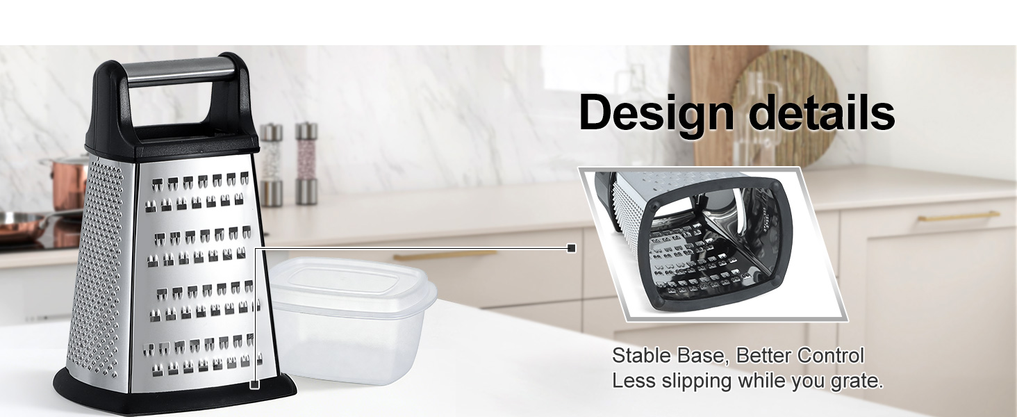 Ourokhome Cheese Grater, Handheld Box Grater with Container & Lid, 4-Sided Stainless Steel for Kitchen, Wavy Julienne, Slicer, Coarse Shred & Fine Zester, Non-Slip Base, Dishwasher Safe, 8 Inch