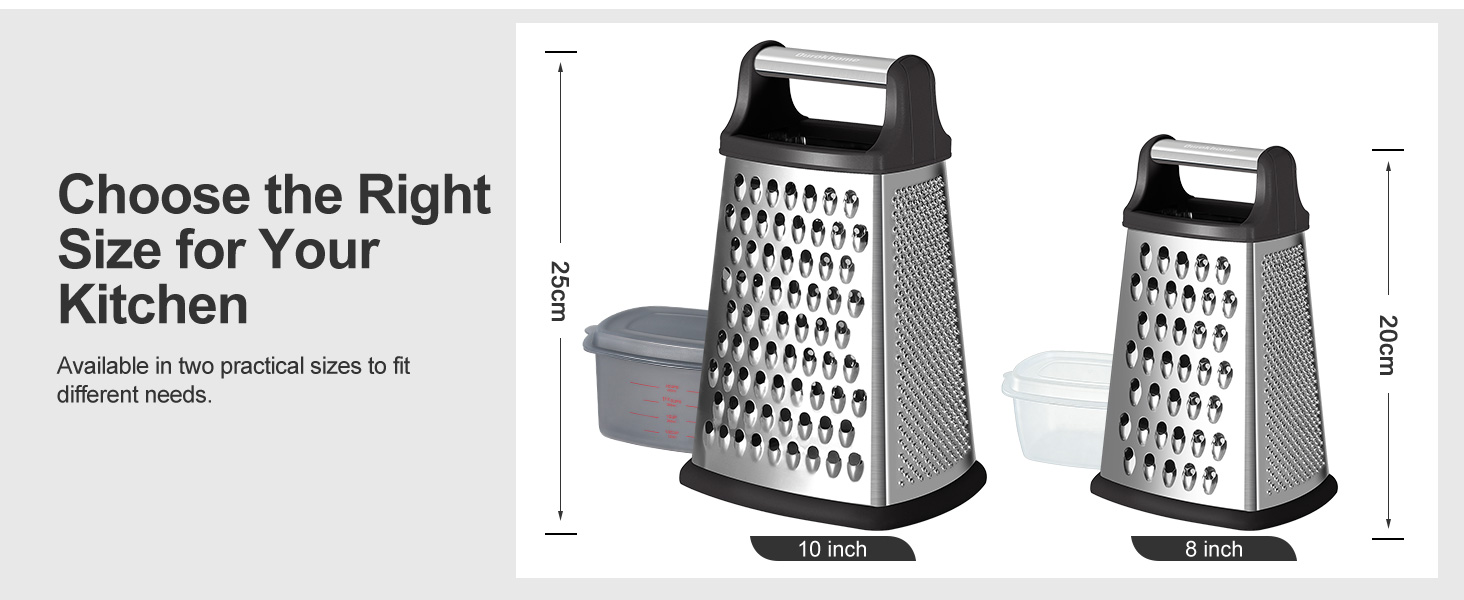 Ourokhome Cheese Grater, Handheld Box Grater with Container & Lid, 4-Sided Stainless Steel for Kitchen, Wavy Julienne, Slicer, Coarse Shred & Fine Zester, Non-Slip Base, Dishwasher Safe, 8 Inch