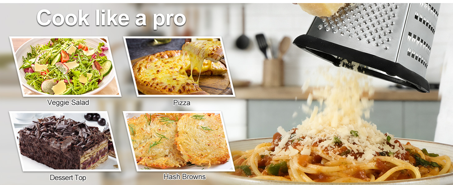 Ourokhome Cheese Grater, Handheld Box Grater with Container & Lid, 4-Sided Stainless Steel for Kitchen, Wavy Julienne, Slicer, Coarse Shred & Fine Zester, Non-Slip Base, Dishwasher Safe, 8 Inch