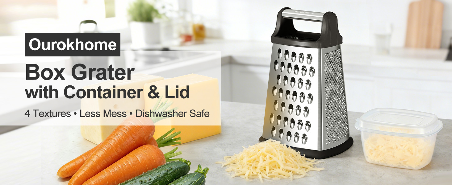 Ourokhome Cheese Grater, Handheld Box Grater with Container & Lid, 4-Sided Stainless Steel for Kitchen, Wavy Julienne, Slicer, Coarse Shred & Fine Zester, Non-Slip Base, Dishwasher Safe, 8 Inch