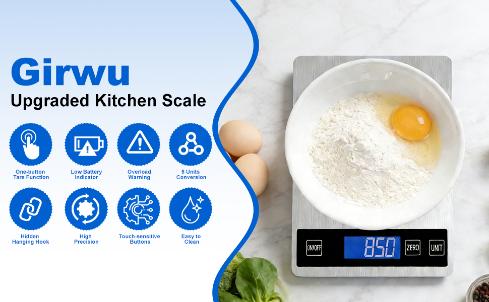 Food Scale, 22lb Digital Kitchen Scale with 1g/0.1oz Accuracy, 5 Units (g/kg/lb:oz/ml/fl.oz), Backlit LCD, 9x6.3x0.8 Inch Stainless Steel Panel, Hidden Hook, Batteries Included
