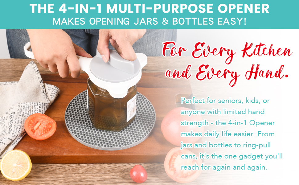 Jar Opener for Weak Hands, Seniors & Arthritis – Adjustable 4-in-1 Bottle & Can Opener with Non-Slip Pad – for Large Pickle Jars, Soda, Wine – Left-Handed & Kid-Friendly, Dishwasher Safe