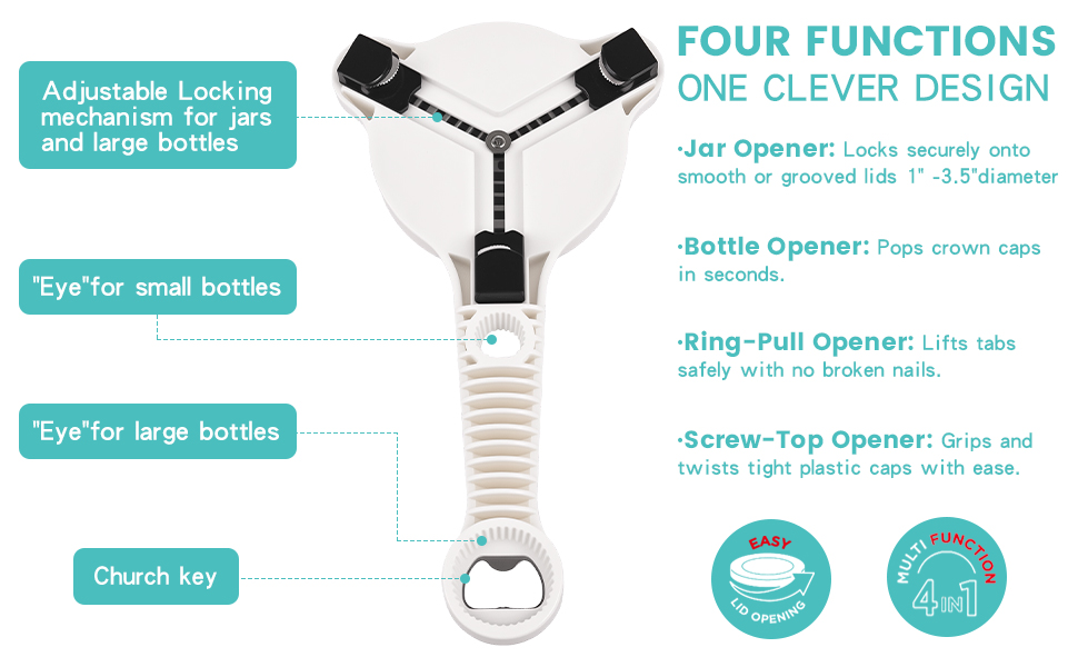 Jar Opener for Weak Hands, Seniors & Arthritis – Adjustable 4-in-1 Bottle & Can Opener with Non-Slip Pad – for Large Pickle Jars, Soda, Wine – Left-Handed & Kid-Friendly, Dishwasher Safe
