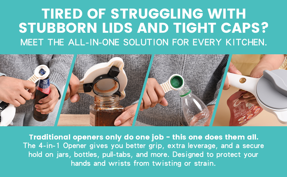 Jar Opener for Weak Hands, Seniors & Arthritis – Adjustable 4-in-1 Bottle & Can Opener with Non-Slip Pad – for Large Pickle Jars, Soda, Wine – Left-Handed & Kid-Friendly, Dishwasher Safe