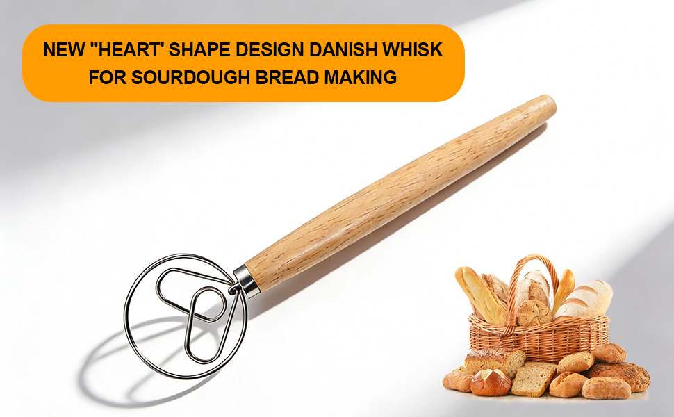 13 Inch Danish Dough Whisk, 304 Stainless Steel Dough Whisk with Long Smooth Wooden Handle - Dutch Whisk Sourdough Bread Tools for Pizza, Pastry & Cake Batter Mixing Easy & Quick