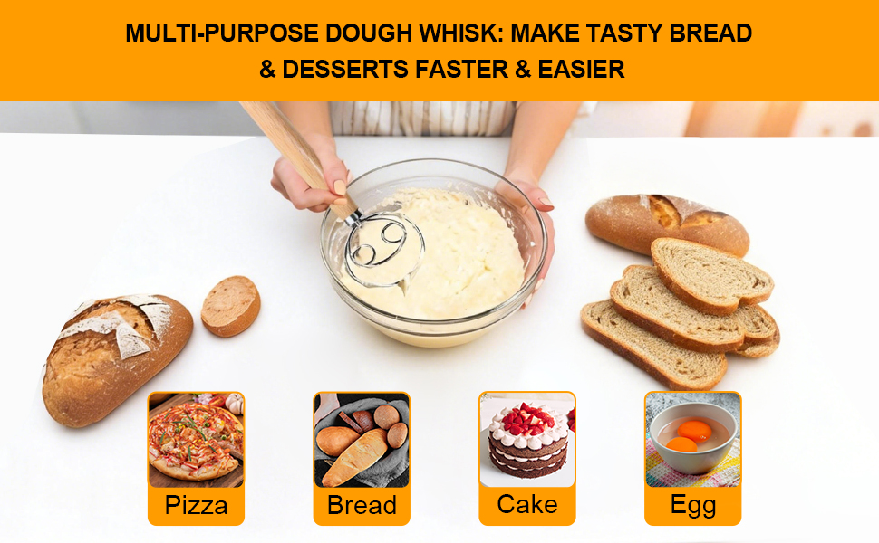 13 Inch Danish Dough Whisk, 304 Stainless Steel Dough Whisk with Long Smooth Wooden Handle - Dutch Whisk Sourdough Bread Tools for Pizza, Pastry & Cake Batter Mixing Easy & Quick