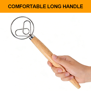 13 Inch Danish Dough Whisk, 304 Stainless Steel Dough Whisk with Long Smooth Wooden Handle - Dutch Whisk Sourdough Bread Tools for Pizza, Pastry & Cake Batter Mixing Easy & Quick
