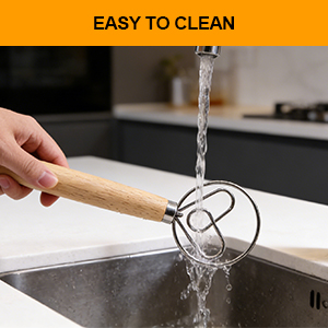 13 Inch Danish Dough Whisk, 304 Stainless Steel Dough Whisk with Long Smooth Wooden Handle - Dutch Whisk Sourdough Bread Tools for Pizza, Pastry & Cake Batter Mixing Easy & Quick