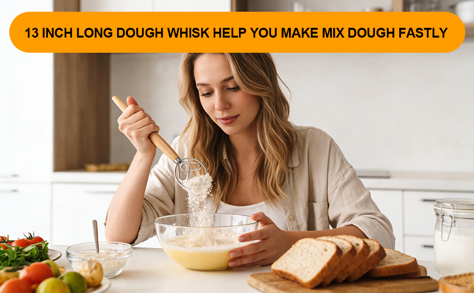 13 Inch Danish Dough Whisk, 304 Stainless Steel Dough Whisk with Long Smooth Wooden Handle - Dutch Whisk Sourdough Bread Tools for Pizza, Pastry & Cake Batter Mixing Easy & Quick