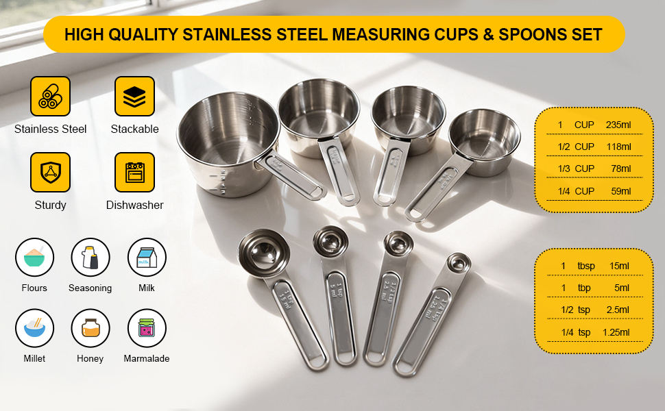 Stainless Steel Measuring Cups and Spoons Set, 8 PCS Long Handle Measure Cups and Spoons Premium Stackable Measuring Cups for Kitchen Cooking & Baking, Dry & Liquid Dishwasher Safe