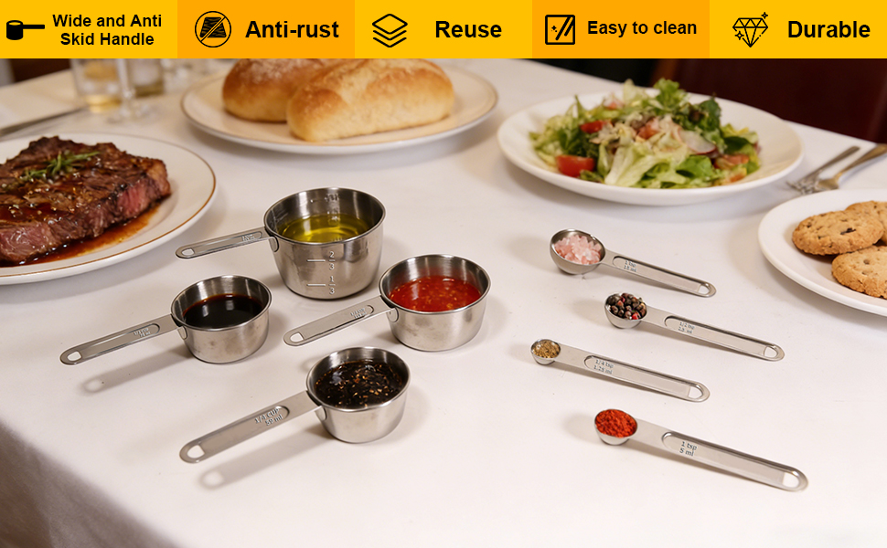 Stainless Steel Measuring Cups and Spoons Set, 8 PCS Long Handle Measure Cups and Spoons Premium Stackable Measuring Cups for Kitchen Cooking & Baking, Dry & Liquid Dishwasher Safe