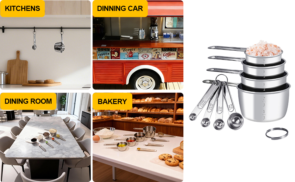 Stainless Steel Measuring Cups and Spoons Set, 8 PCS Long Handle Measure Cups and Spoons Premium Stackable Measuring Cups for Kitchen Cooking & Baking, Dry & Liquid Dishwasher Safe