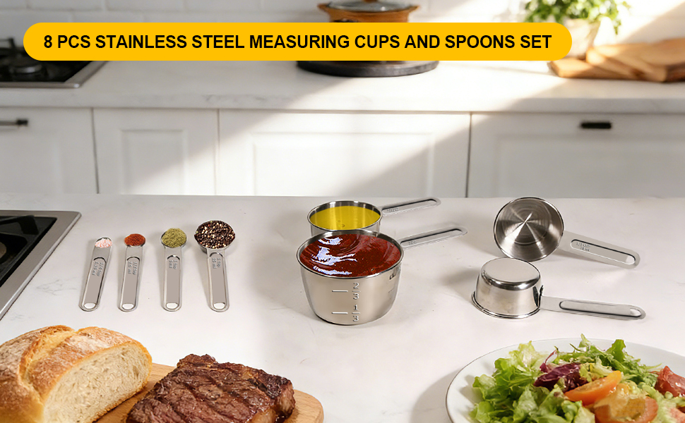 Stainless Steel Measuring Cups and Spoons Set, 8 PCS Long Handle Measure Cups and Spoons Premium Stackable Measuring Cups for Kitchen Cooking & Baking, Dry & Liquid Dishwasher Safe