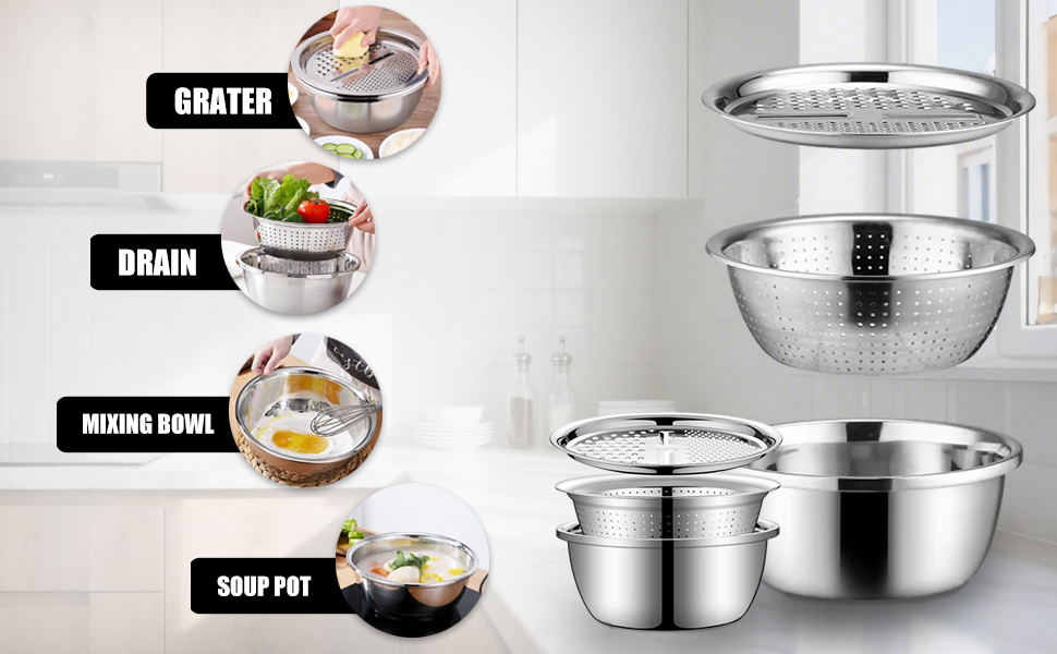 Multifunctional Stainless Steel Basin,10.24In 3 in 1 Multifunctional Stainless Steel Basin Strainer Set with Grater, Strainer&Drain Basket,Suitable for shredding, washing and mixing