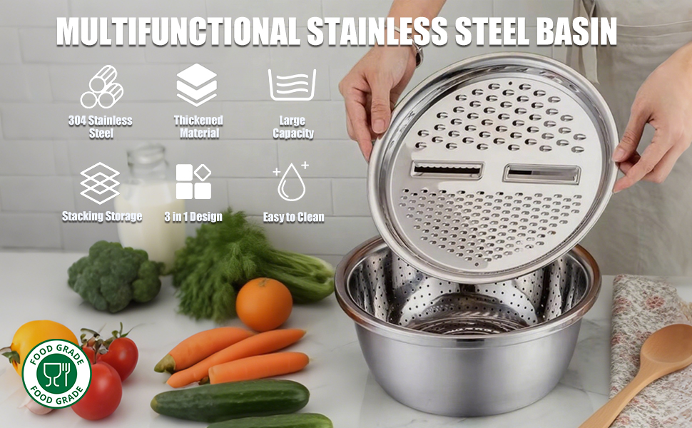 Multifunctional Stainless Steel Basin,10.24In 3 in 1 Multifunctional Stainless Steel Basin Strainer Set with Grater, Strainer&Drain Basket,Suitable for shredding, washing and mixing