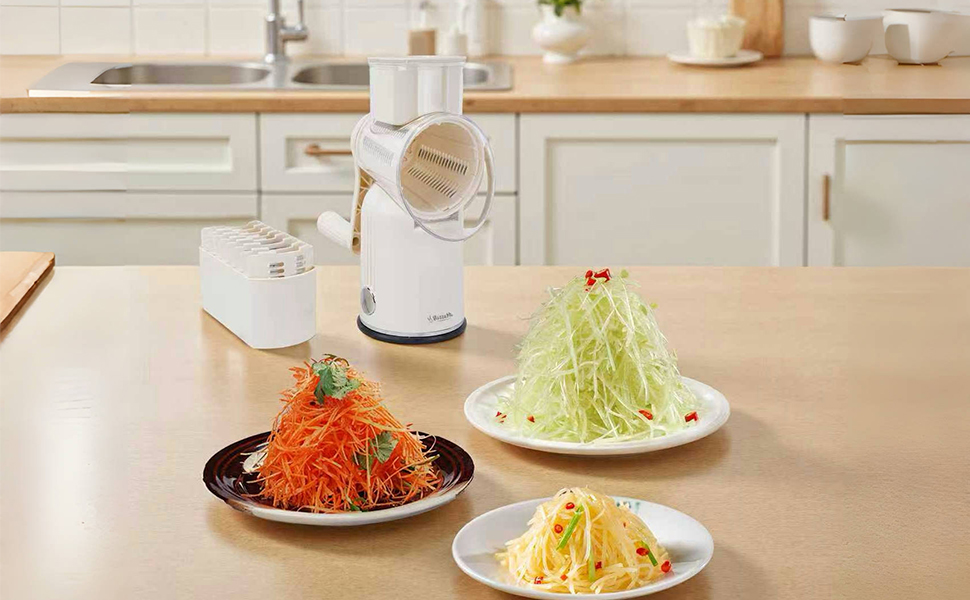 5 in 1 Rotary Cheese Grater Vegetable Slicer with Handle - Upgraded Hand Crank Cheese Grater with Handle and Strong Suction Base, Multi-Purpose Slicer with 5 Well-Designed Blades (White)