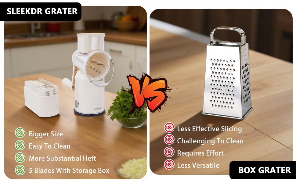 5 in 1 Rotary Cheese Grater Vegetable Slicer with Handle - Upgraded Hand Crank Cheese Grater with Handle and Strong Suction Base, Multi-Purpose Slicer with 5 Well-Designed Blades (White)