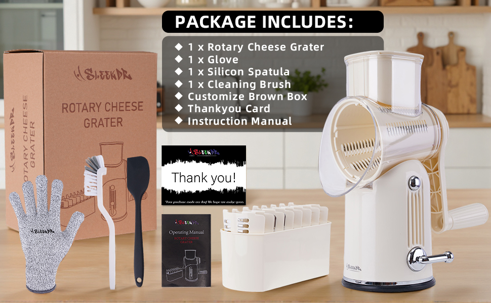 5 in 1 Rotary Cheese Grater Vegetable Slicer with Handle - Upgraded Hand Crank Cheese Grater with Handle and Strong Suction Base, Multi-Purpose Slicer with 5 Well-Designed Blades (White)