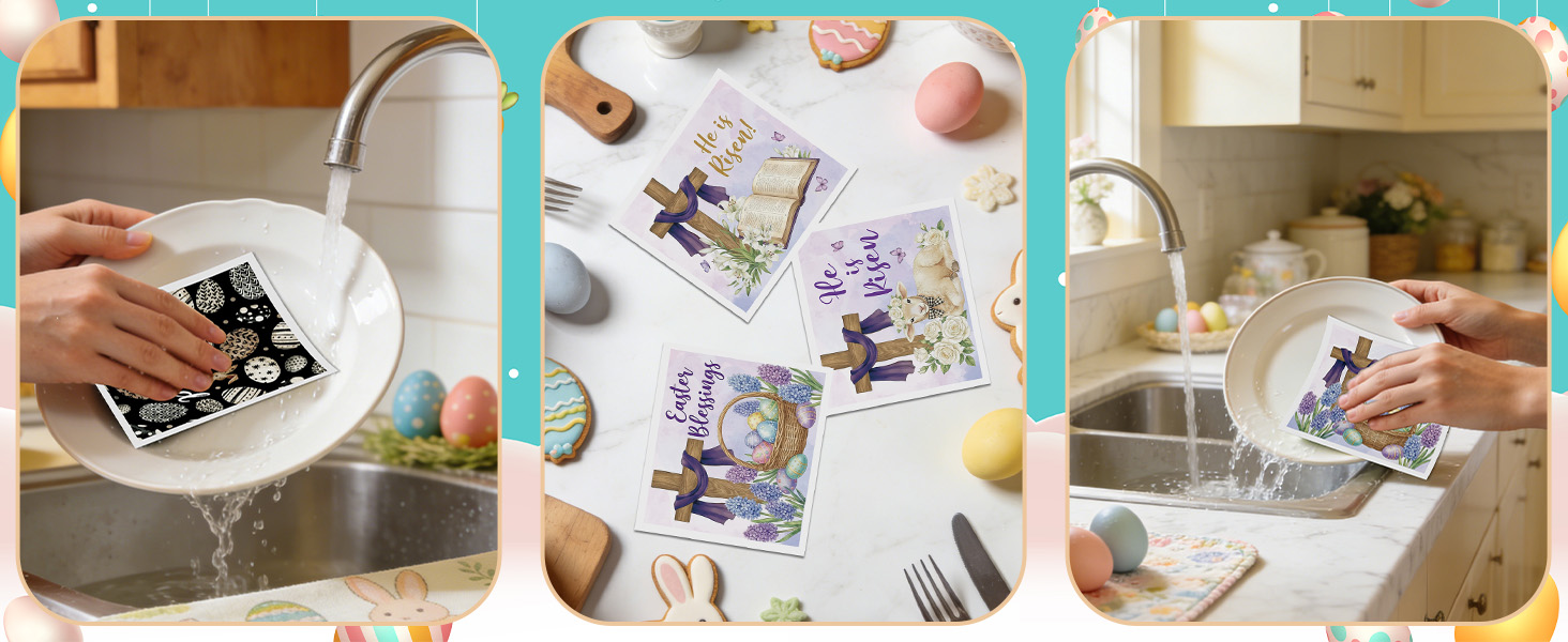 Easter Swedish Dishcloths for Kitchen, 6 Pack Reusable Black Bunny Eggs Dish Cloths Towels, Absorbent Rabbit Floral Sponge Cleaning Towel Wipes for Spring Kitchen Cooking Home Decoration Gift