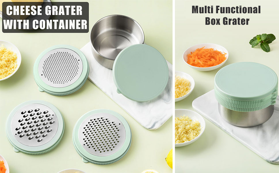 Cheese Grater with Container & Lid, Multi Functional Stainless Steel Box Grater, Handheld Grater Bowl for Kitchen,Lemon Zester for Parmesan, Cheeses, Ginger, Chocolate, Vegetables, Butter (Mint Green)