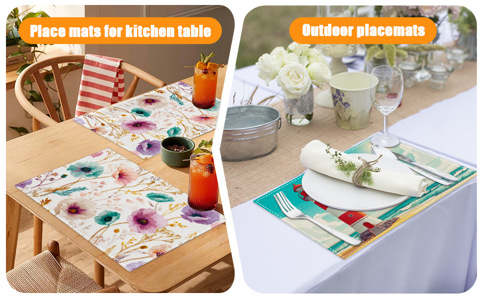 Retro White Daisy Floral Placemats Set of 6,12 x 18 Inch Table Mats Washable Heat Resistant Linen Fabric Rectangle Place Mat for Party Home Kitchen Dining