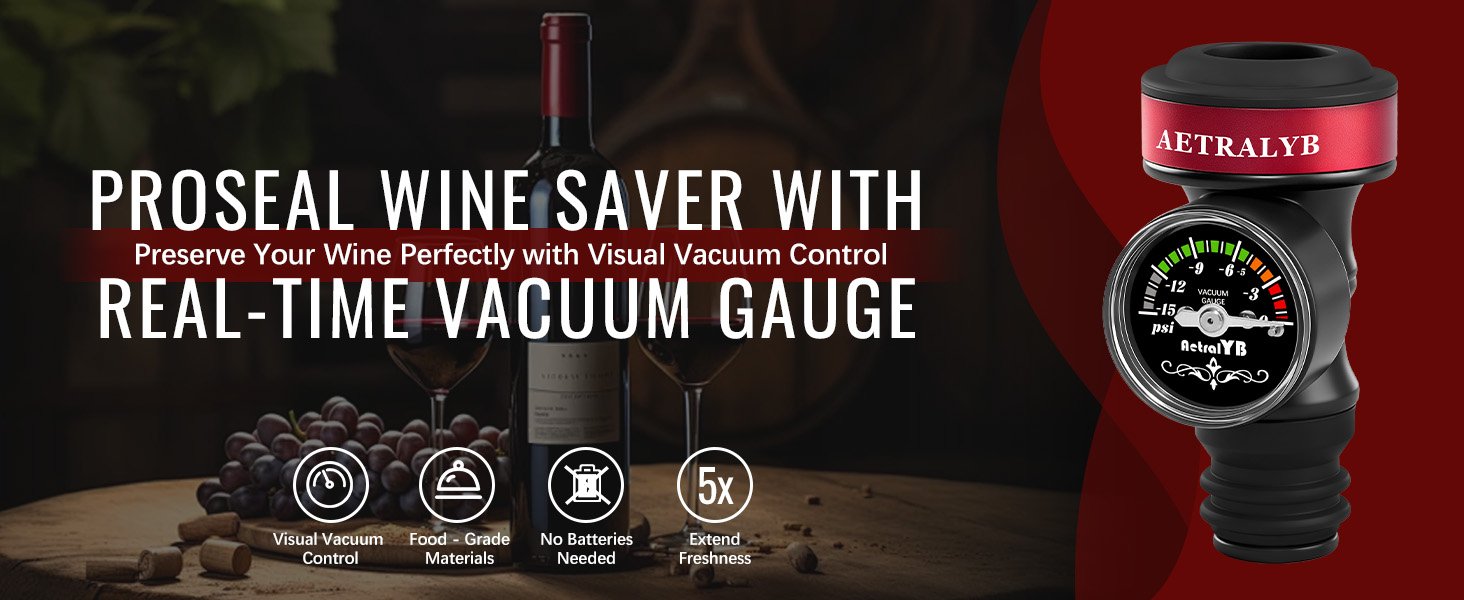 2 Pack Wine Vacuum Saver Sealer with Real-Time Pressure Gauge, Reusable Bottle Stoppers for Red & White Wine Preservation - Airtight Seal, Keep Fresh 5X Longer (Includes Hand Pump)