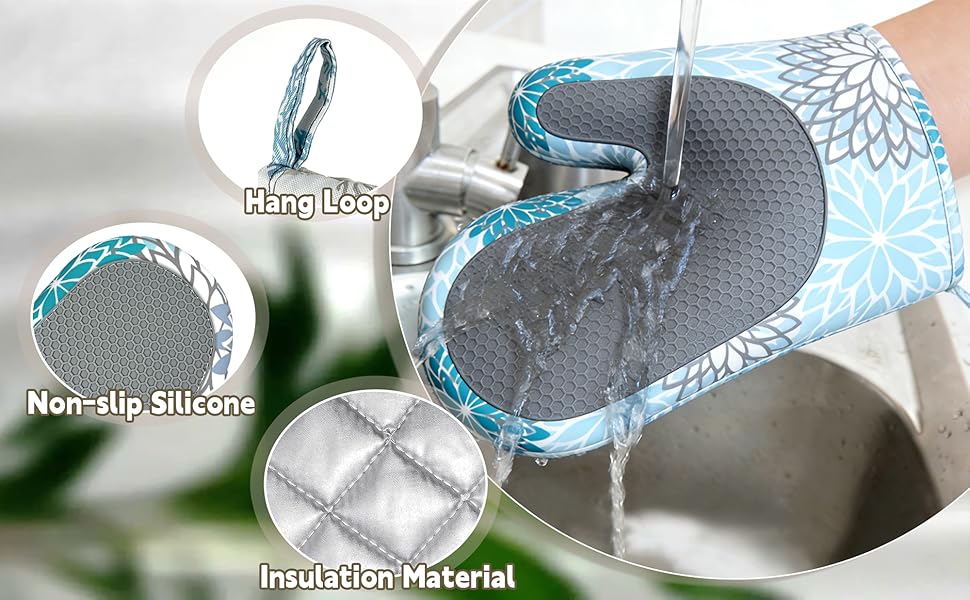 Vintage Blue Flowers Oven Mitts Pot Holders 4 Set Silicone Kitchen Oven Mitts Heat Resistant Potholders Non-Slip Hot Pads and Oven Gloves Sets