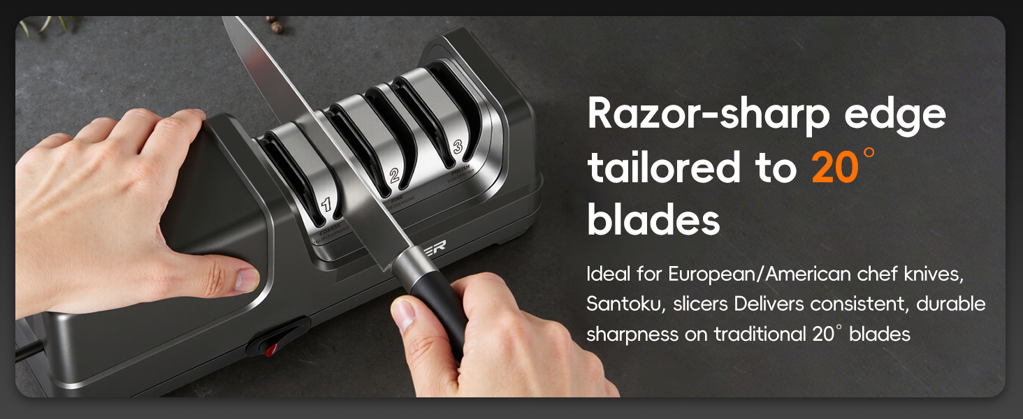 Electric Knife Sharpener, 3-Stage Diamond Knife Sharpener for Kitchen Knives 20-Degree Angle, 40S Quick Sharpening & Polishing for Chef, Santoku, Ceramic Knives, Easy to Use for Beginners, Black