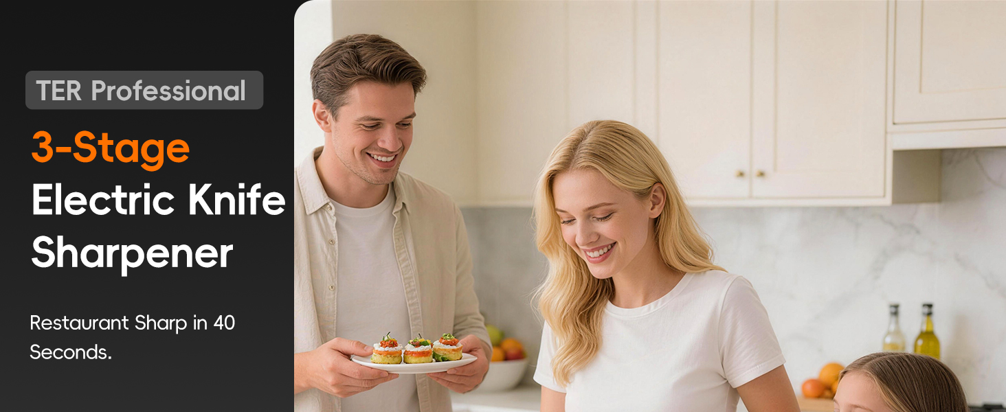 Electric Knife Sharpener, 3-Stage Diamond Knife Sharpener for Kitchen Knives 20-Degree Angle, 40S Quick Sharpening & Polishing for Chef, Santoku, Ceramic Knives, Easy to Use for Beginners, Black