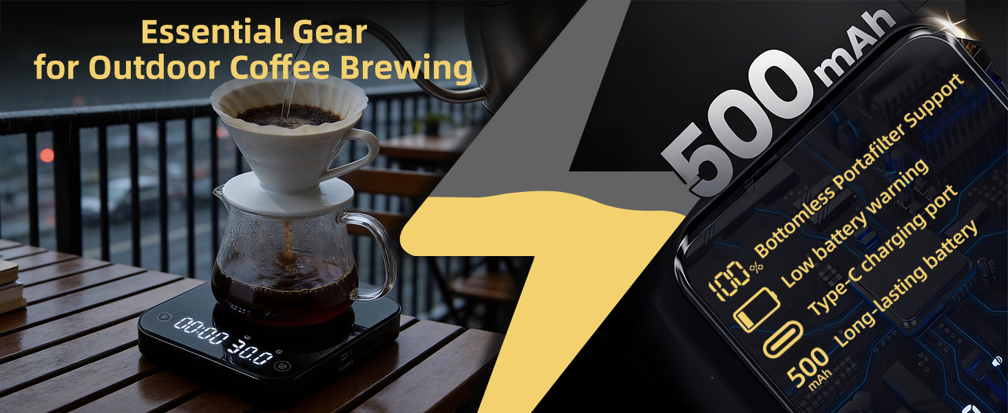 ShanSon Mini Coffee Scale with Timer,0.1g High Precision Espresso Scale,2kg/0.1g Digital Kitchen Scale with Flow Rate,USB-C Rechargeable,Waterproof Surface,Auto Timer for Pour Over & Espresso,Black