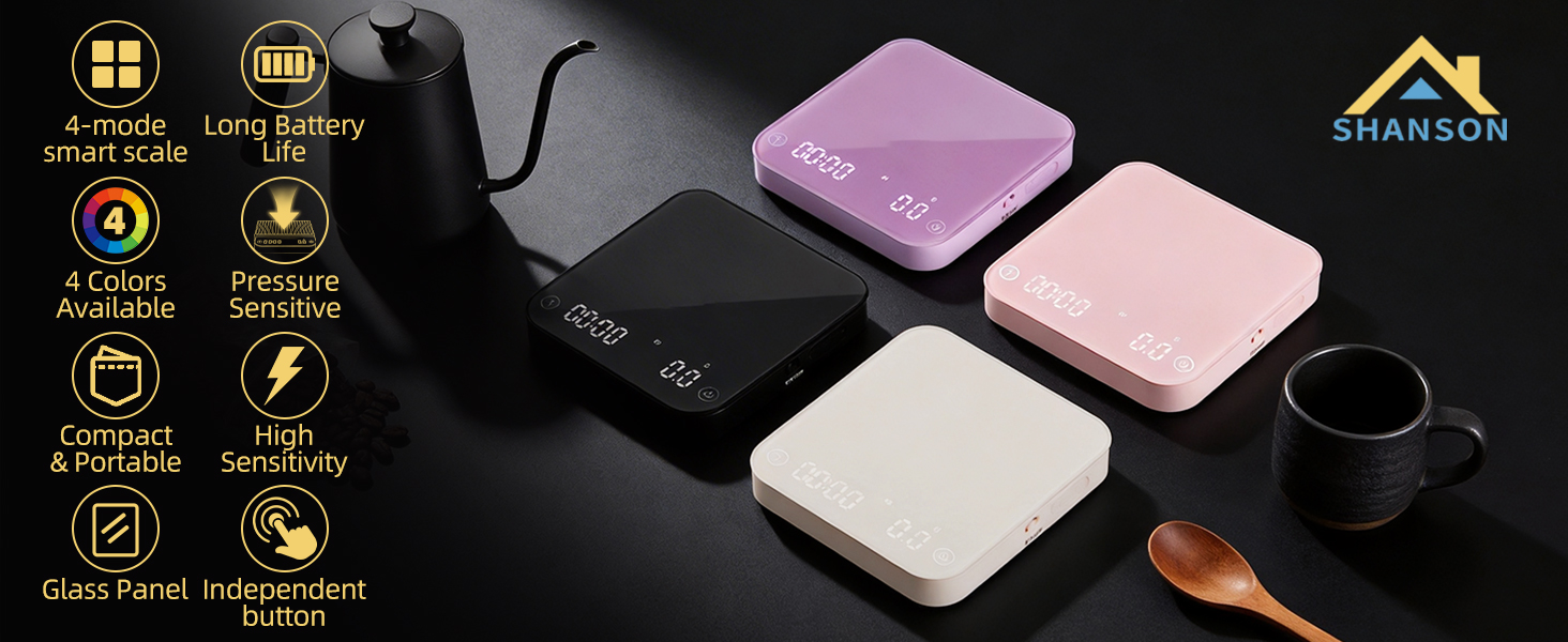 ShanSon Mini Coffee Scale with Timer,0.1g High Precision Espresso Scale,2kg/0.1g Digital Kitchen Scale with Flow Rate,USB-C Rechargeable,Waterproof Surface,Auto Timer for Pour Over & Espresso,Black