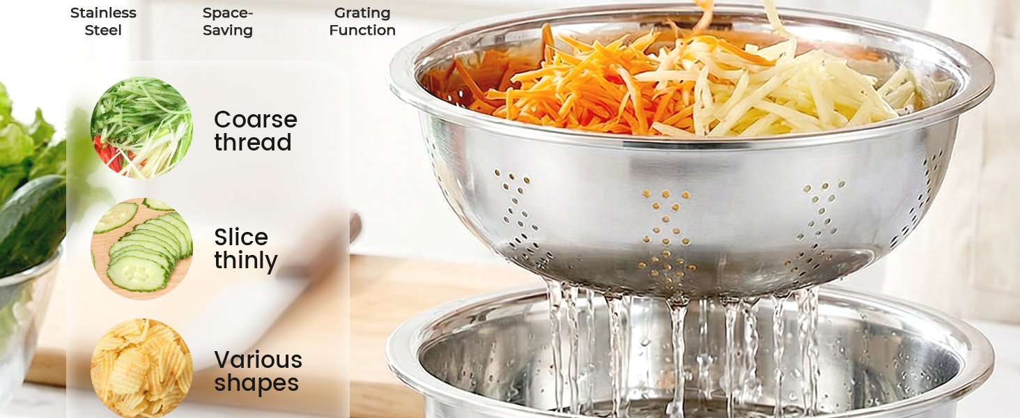 Germany Multifunctional Stainless Steel Basin, 2026 New 3 in 1 Multifunctional Stainless Steel Basin Strainer Set with Grater, Strainer Drain Basket for Rinsing Draining Mixing (S (10.24in))