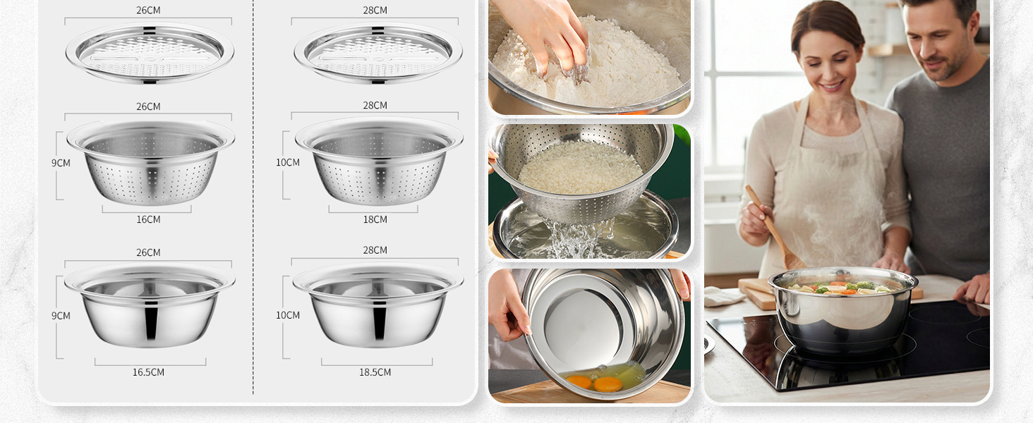 Germany Multifunctional Stainless Steel Basin, 2026 New 3 in 1 Multifunctional Stainless Steel Basin Strainer Set with Grater, Strainer Drain Basket for Rinsing Draining Mixing (S (10.24in))