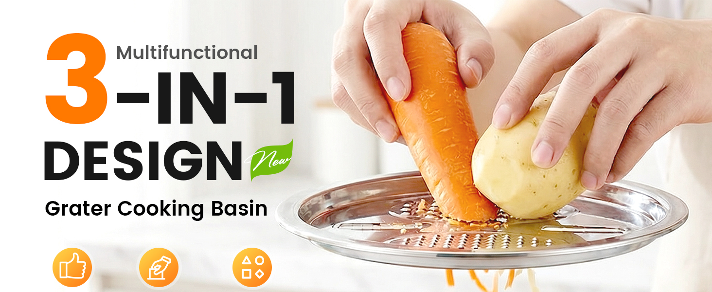 Germany Multifunctional Stainless Steel Basin, 2026 New 3 in 1 Multifunctional Stainless Steel Basin Strainer Set with Grater, Strainer Drain Basket for Rinsing Draining Mixing (S (10.24in))