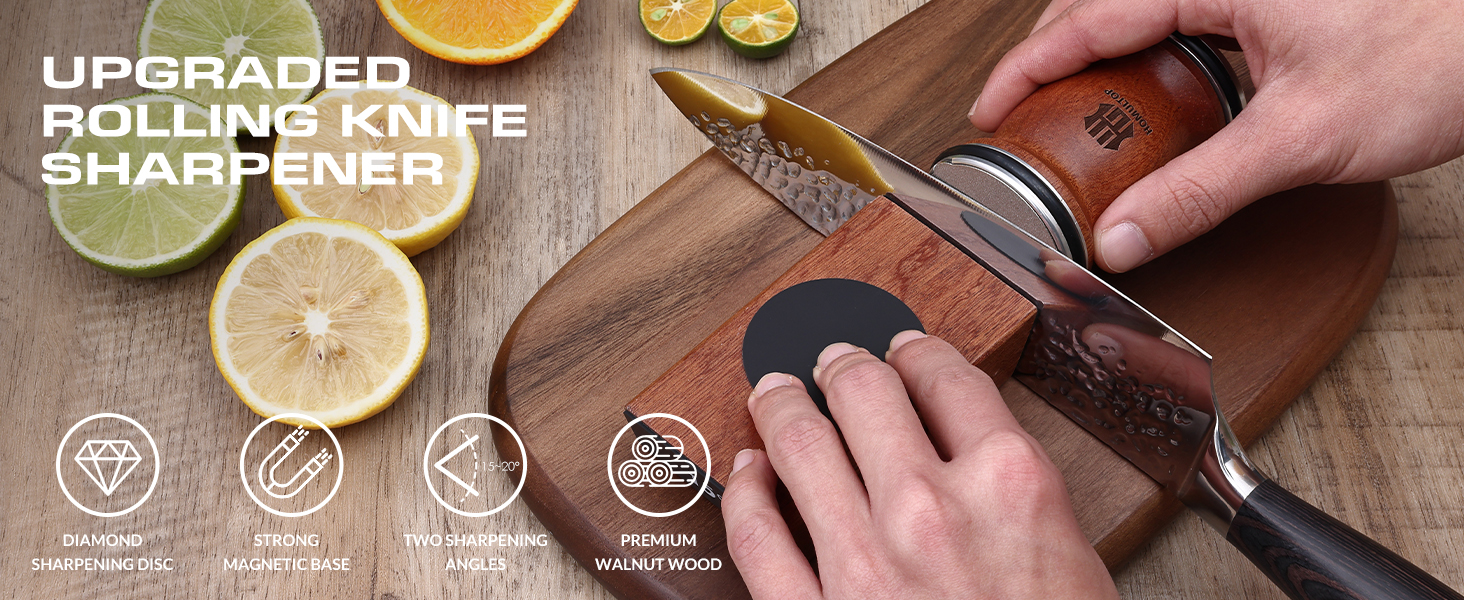 Rolling Knife Sharpener Kit, Kitchen Knife Sharpener with Replaceable Discs Diamond & Ceramic Knife Sharpeners Roller, Magnetic Knife Sharpening Kit with 15 & 20 Degree Base, Afilador De Cuchillos
