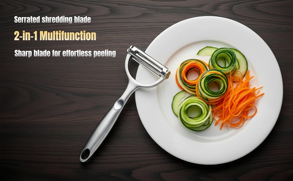 2-in-1 Multifunction Vegetable Peeler Julienne Peeler, Zinc Alloy Potato Peeler with Serrated & Straight Blades, Fruit Peeler Julienne Slicer for Carrot Cucumber Ginger Cabbage Kitchen
